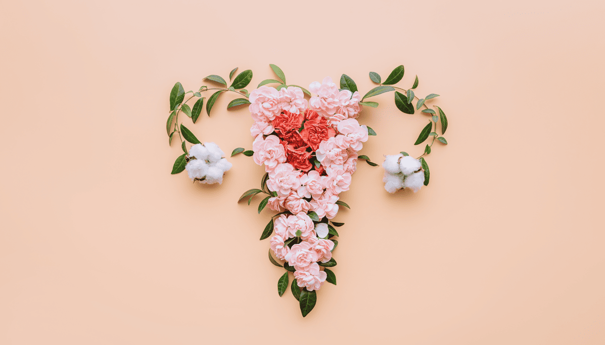 Eine schöne Blumenanordnung, die den Intimbereich und die Fortpflanzungsorgane, wie Gebärmutter und Eierstöcke einer Frau darstellt.